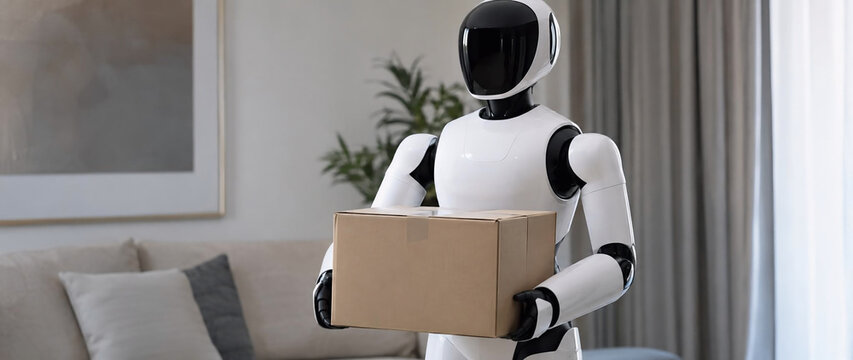Humanoid Robot Delivering Cardboard Box at Home