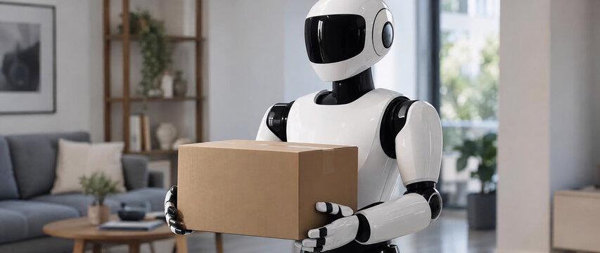 Humanoid Robot Delivering Cardboard Box at Home
