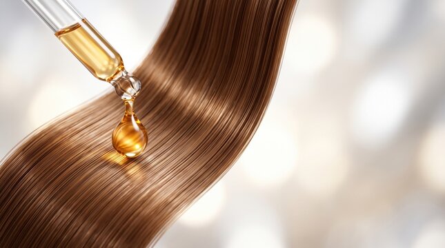 Glass dropper applying golden cosmetic oil drop onto a smooth shiny strand of brown hair