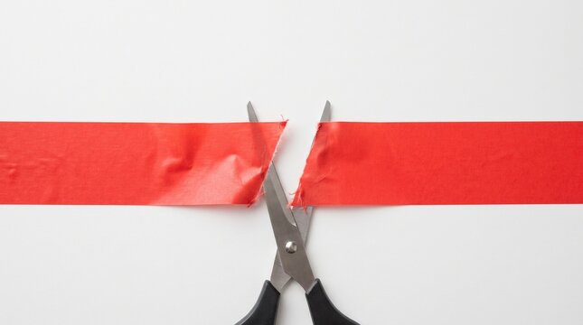 hand cutting red tape with scissors on white background as a concept of cutting costs overcoming bureaucracy and budget reduction