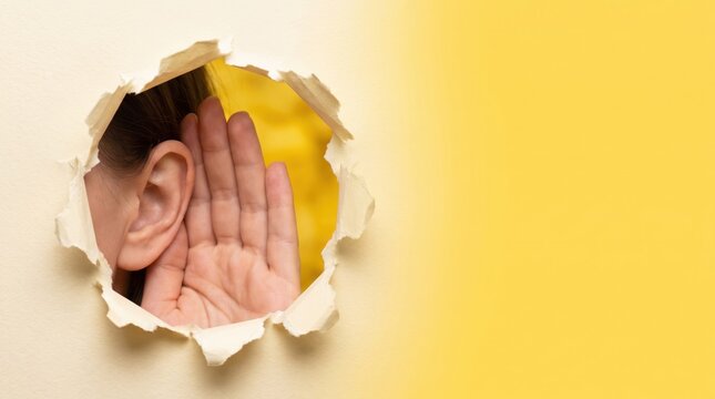 Curious woman putting her hand to ear and eavesdropping through a torn hole in yellow paper