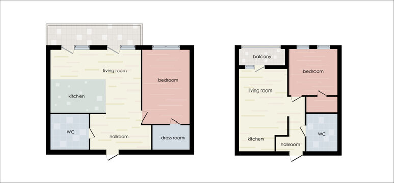Architectural apartment blueprints featuring room layouts with bathroom, kitchen, balcony. Vector layouts collection with residential layouts with rooms, architectural symbols. Apartment floor plans