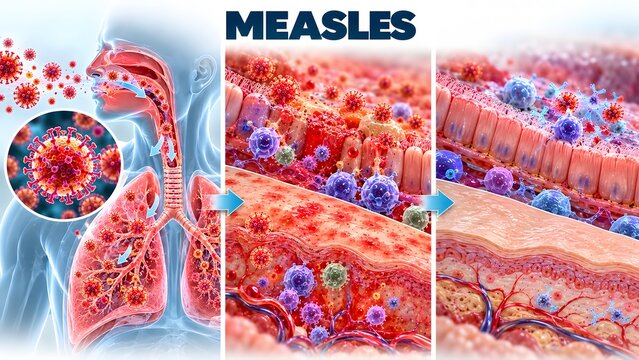 AI generated medical illustration of measles virus infection stages in human respiratory system and cells