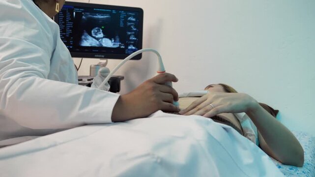 A female healthcare professional conducts a routine prenatal ultrasound scan on a pregnant woman, monitoring fetal development on a digital screen in a medical facility.