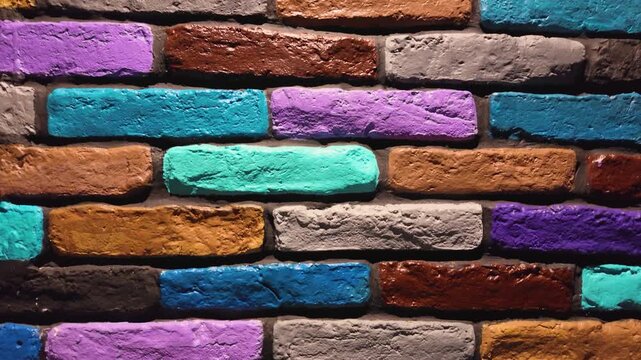 Colorful Painted Brick Wall with Vibrant Blue Purple Orange and Gray Bricks for Modern Interior Design
