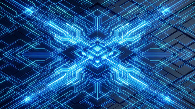 青く発光する量子神経データハブの終端部を描いたサイバー空間の背景画像