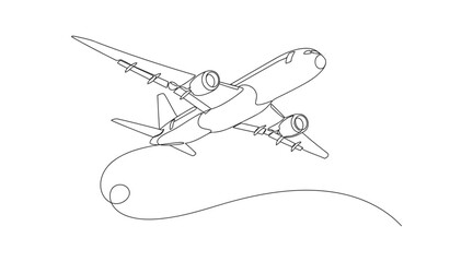 Continuous line drawing of a passenger airplane taking off with line art white background airplane aircraft © Stockline