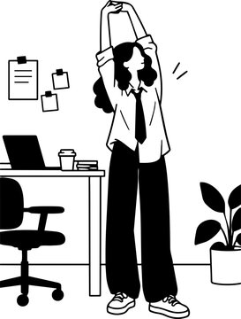 Vector Illustration of Woman Stretching in Office Scene