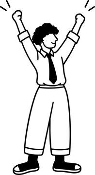 Cheerful Man Raising Hands Illustration in Line Art Style