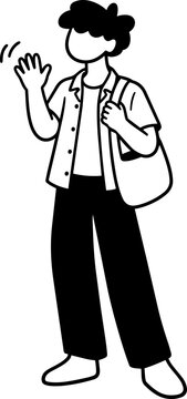 Line Art Illustration of Person Waving with Backpack