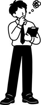 Thoughtful Man Holding Clipboard in Line Art Style