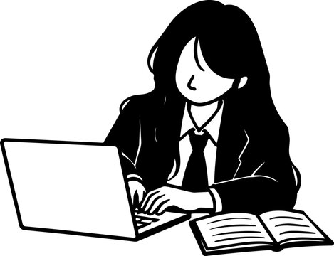 Vector Illustration of Woman Working at Laptop and Reading Book