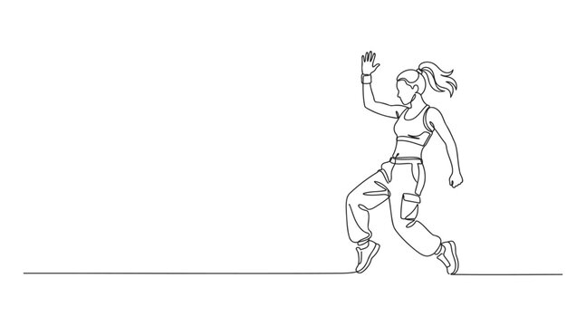 Continuous line drawing of a person dancing in athletic clothing with line art minimalist athletic movement