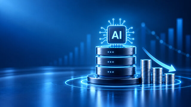 Artificial intelligence reducing business costs concept with glowing AI microchip coin stacks and downward financial arrow