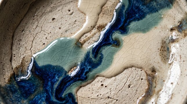 Artistic Ceramic Pottery Bowl Featuring Abstract Blue And Cream Glaze Patterns With Intricate Crackle Texture Detail