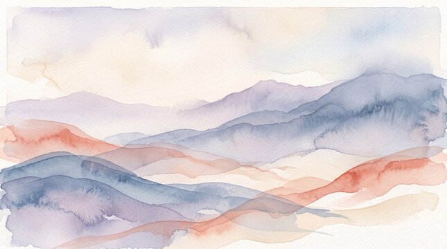 Abstract watercolor landscape painting of serene mountains and hills in blue and terracotta tones for modern home decor