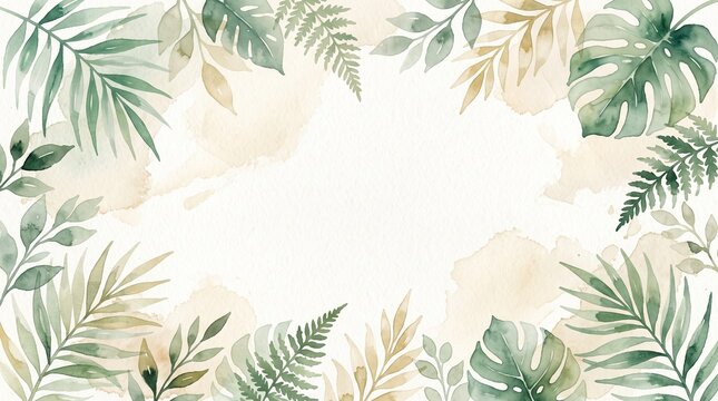 Elegant Tropical Leafy Border with Watercolor Accents, Creating a Serene and Natural Ambiance