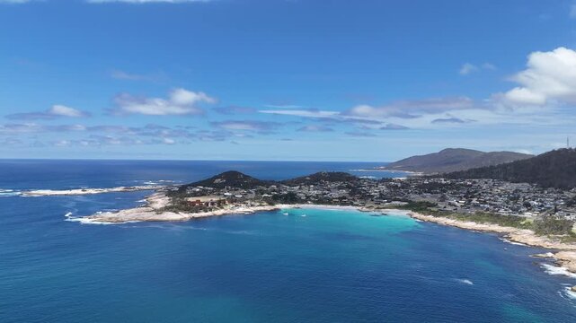 High aerial view of Bicheno and the Tasmanian coastline