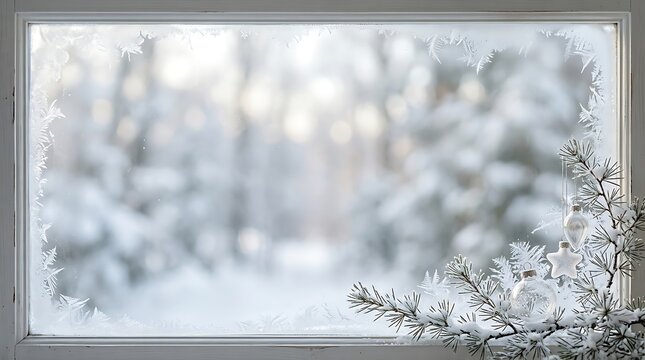 A serene winter scene viewed through a window evoking christmas cheer and cozy feelings