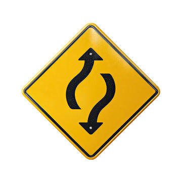 Yellow diamond traffic sign with wavy arrows indicating a divided highway or two-way traffic isolated on transparent background