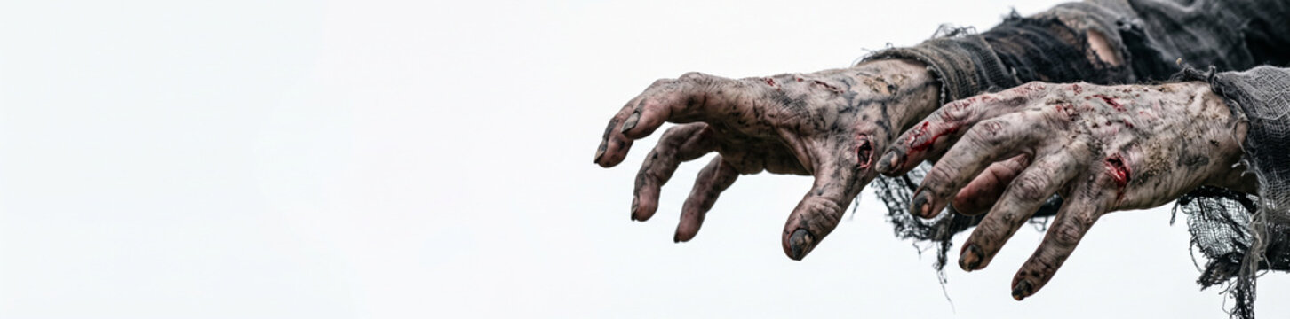 Two decayed zombie hands reaching into a white background, featuring damaged skin, dirty fingernails, and gruesome undead details for a Halloween horror costume concept.