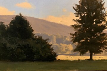 Naklejka premium Pastoral Landscape Painting with Sheep