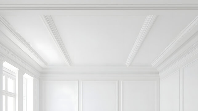 Bright white room interior with elegant coffered ceiling and classic wall paneling, showcasing clean architectural details and natural light.
