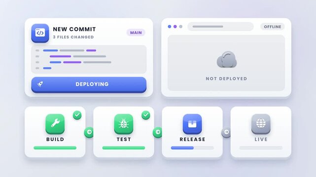 Code repository deployment to production concept for continuous delivery pipelines and automated software release in DevOps animation