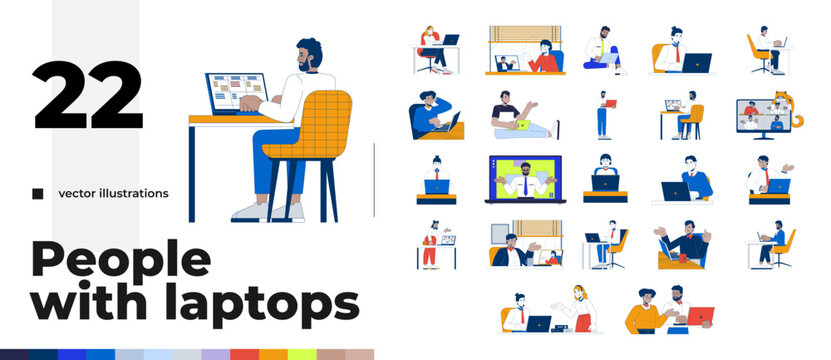 Casual and professional people with laptops 2D vector illustration pack. Remote work. Digital lifestyle. Telecommuting adults flat characters on white background. Colorful cartoon image collection