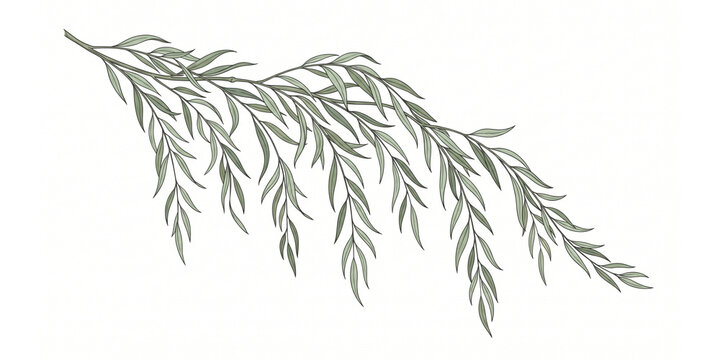 A vector illustration of a weeping willow branch with detailed green leaves and natural curves on white.