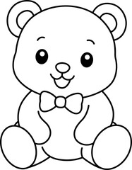 Fototapeta premium Teddy bear coloring page for kids, cute sitting bear line art vector with bow tie, minimalist cartoon animal illustration for preschool education