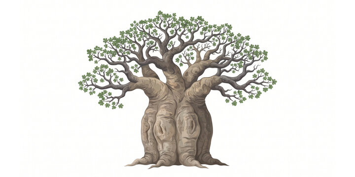 A massive, detailed baobab tree with a giant trunk and green foliage, isolated on a white background.