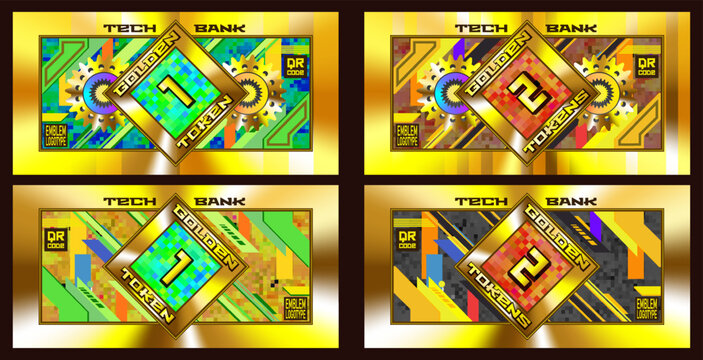 Vector set of abstract banknotes. Denominations, 1 and 2 gold tokens. One and two. Golden bills. Tech bank. Futuristic money. Collection and hobby. Gradient notes. Game finance, business