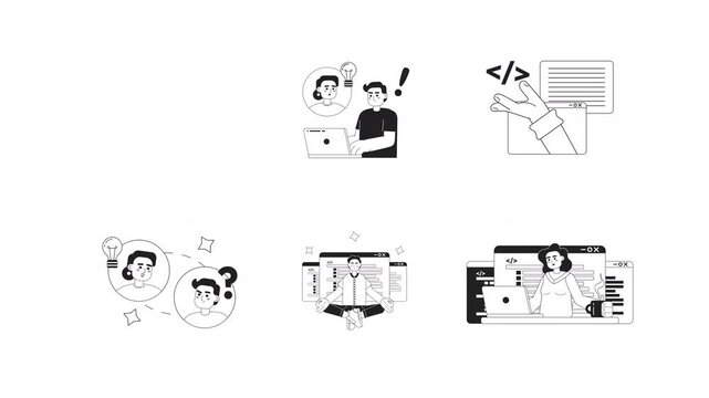 Web development black and white line animation pack. Programmers working on laptops. Software engineering. Solving problems. Coding support animated outline 4K video set on transparent background
