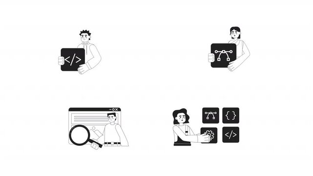 Software development tools and debugging black and white line animation pack. Bug detection and testing. Diverse programmers with code symbols animated outline 4K video set on transparent background