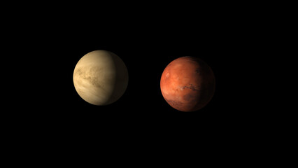 Distant solar system planets orbit together in dark outer space. Cinematic solar system planets reveal rocky surfaces. Realistic solar system planets for astronomy. © Surjomukhi
