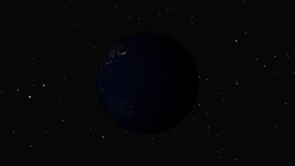 Night planet Earth reveals glowing urban clusters in starry space. Majestic planet Earth displays global networks. Cinematic planet Earth for science presentations. © Surjomukhi