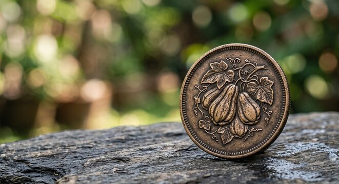 Vintage agricultural coin featuring detailed embossed pumpkins and vines outdoors