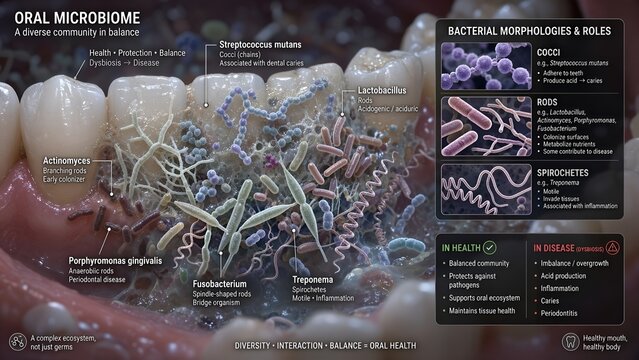 3d scientific illustration of the oral microbiome model showing a diverse community of bacteria like streptococcus mutans and lactobacillus with a zoomed inset of cocci, rods, and spirochetes
