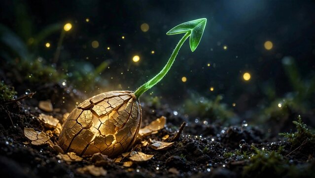 Cracked golden seed sprouting a glowing green arrow-shaped seedling from dark soil at night with fireflies