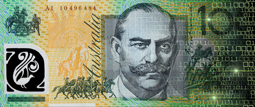 Australian dollar banknotes dissolving into binary code as a concept of digital currency transformation and financial cyber crime.