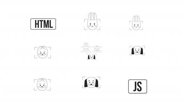 Animal face detection and programming badges black and white line animation pack. AI coding. Scanning frames with rabbit, cat and dog animated outline 4K video set on transparent background