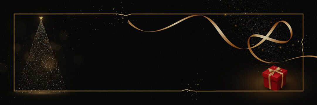 Christmas background with golden glitter Christmas tree, red gift box with gold bow and flowing gold ribbon on black, elegant gold frame with sparkling dust, luxury New Year holiday banner with copy s