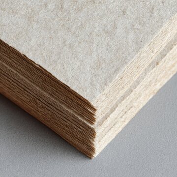 A stack of textured handmade paper sheets with raw edges resting on a neutral gray background