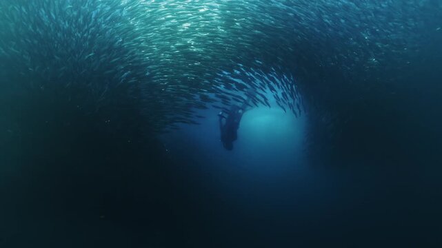 A freediver swims alongside a massive swirling bait ball of sardines in the blue waters of South Africa, surrounded by thousands of shimmering silver fish moving in perfect harmony through the open