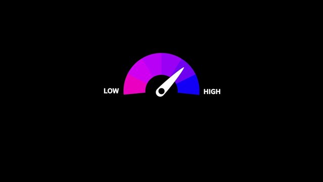 A colorful speedometer gauge with a needle pointing towards on a black background indicating a measurement scale from low to with a gradient of pink purple and blue colors displayed on the dial