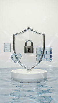 Cybersecurity concept with metallic shield and padlock standing on platform surrounded by rippling water security protection platform metallic reflective abstract technology insurance