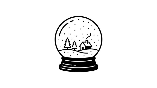 Minimalist winter snow globe icon with small house and pine trees in black line art style.