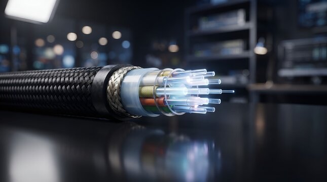 Optical Fiber Cable Cross Section with Glowing Light Threads Data Center Server Background
