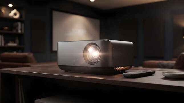 Smart Home Theater Projector with Glowing Lens on Wooden Shelf Cozy Cinema Room Background
